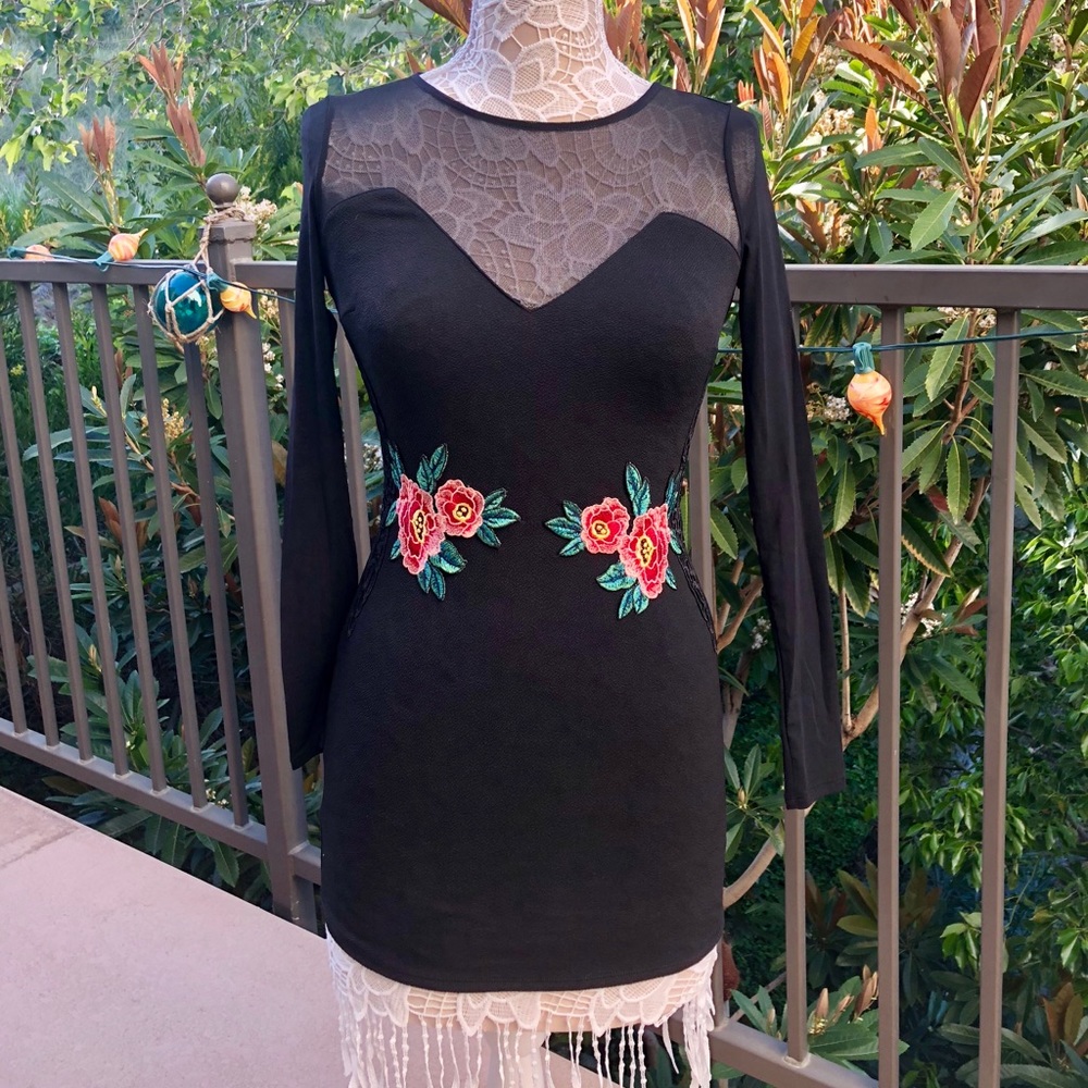 NWT Material Girl 🌺 appliqué Mesh Bodycon Dress